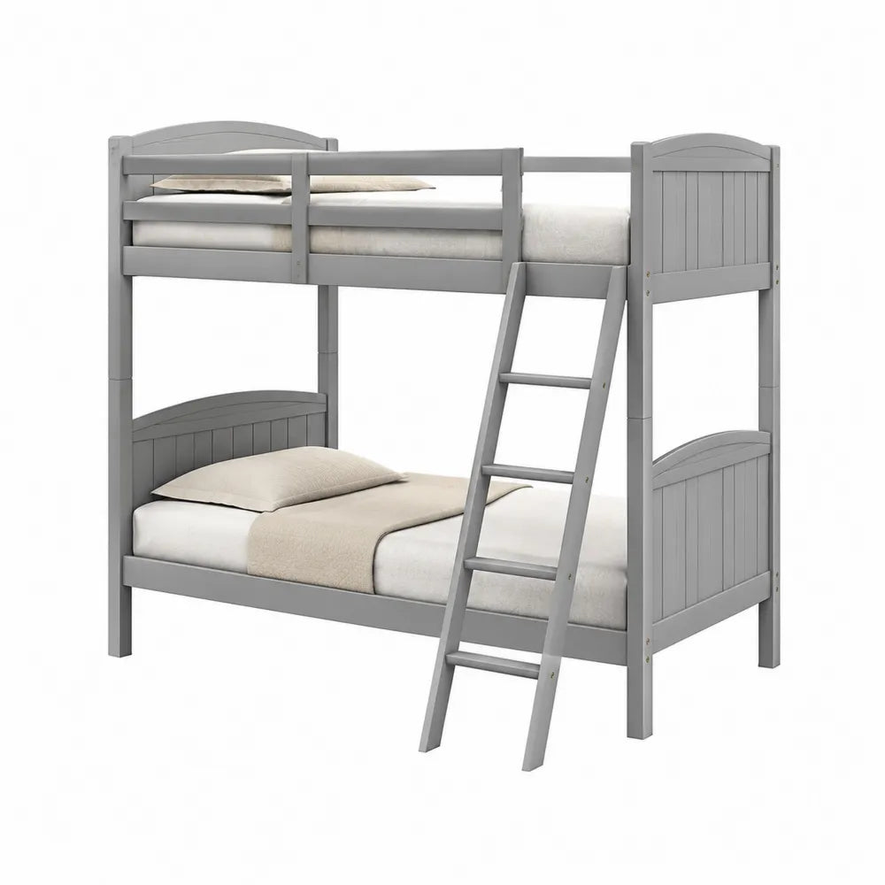 Letto a castello in legno massiccio grigio con scala