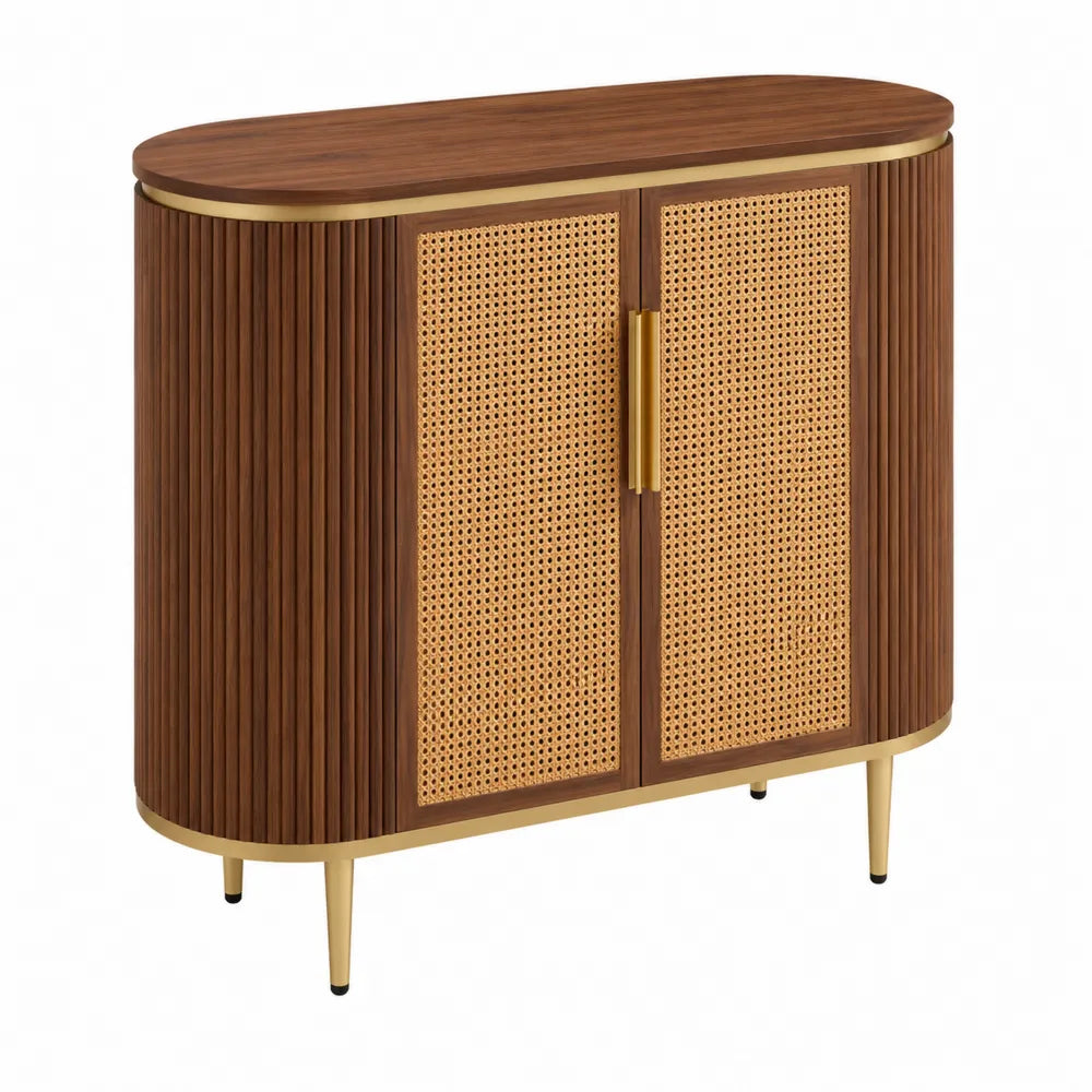 Credenza ovale in legno e rattan con dettagli in metallo dorato