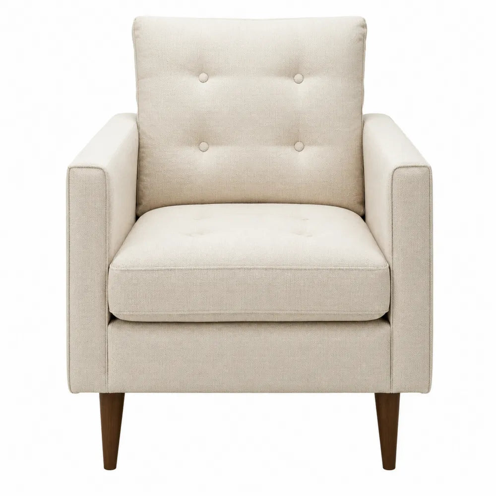 Poltrona in tessuto poliestere beige con gambe in legno massello