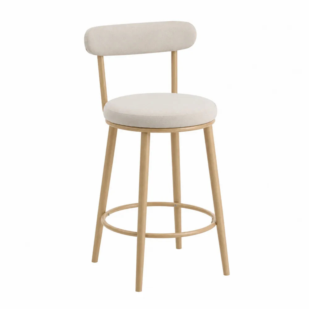 Sgabello da bar in legno con seduta e schienale in tessuto beige
