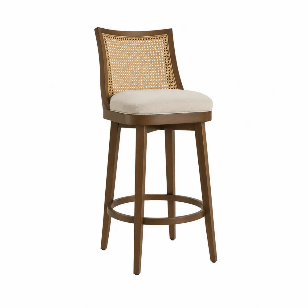 Sgabello da bar in legno e rattan con cuscino in lino beige