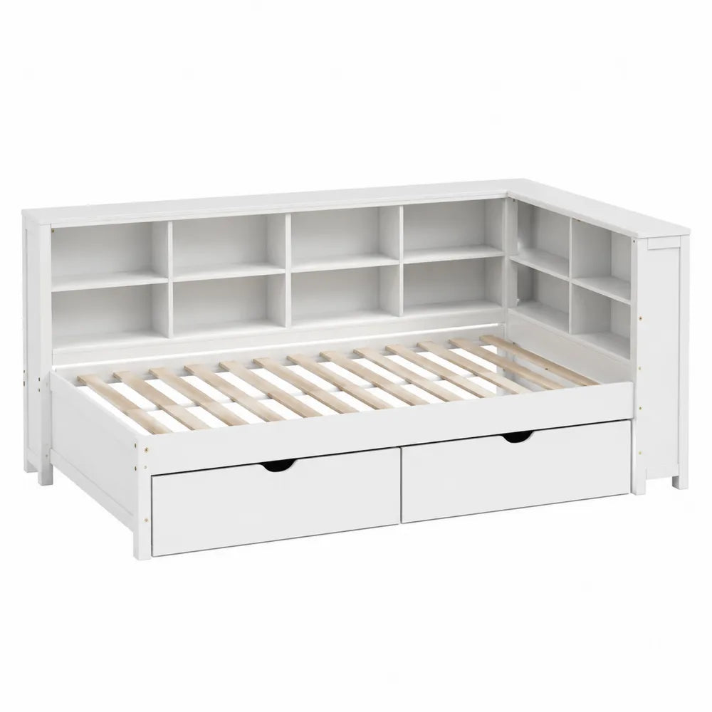 Letto in legno con cassetti e mensole integrate